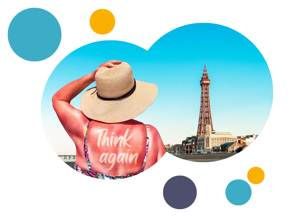 Image of someone with bad sunburn that says 'think again' 