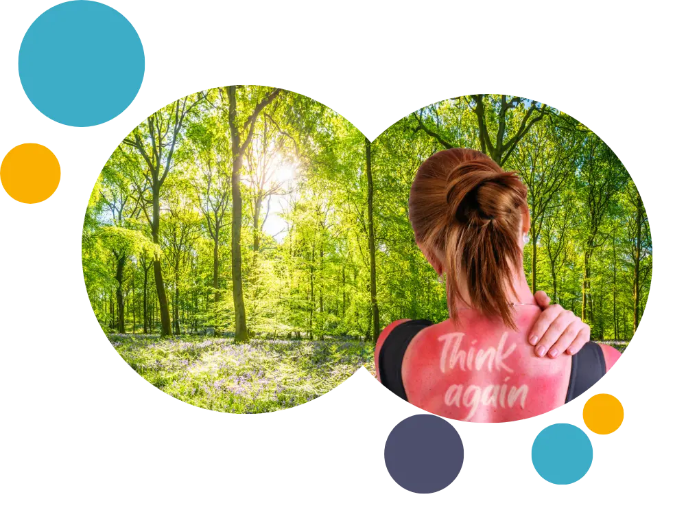 woman in the forest, with sunburn on her back that spells out 'think again' 