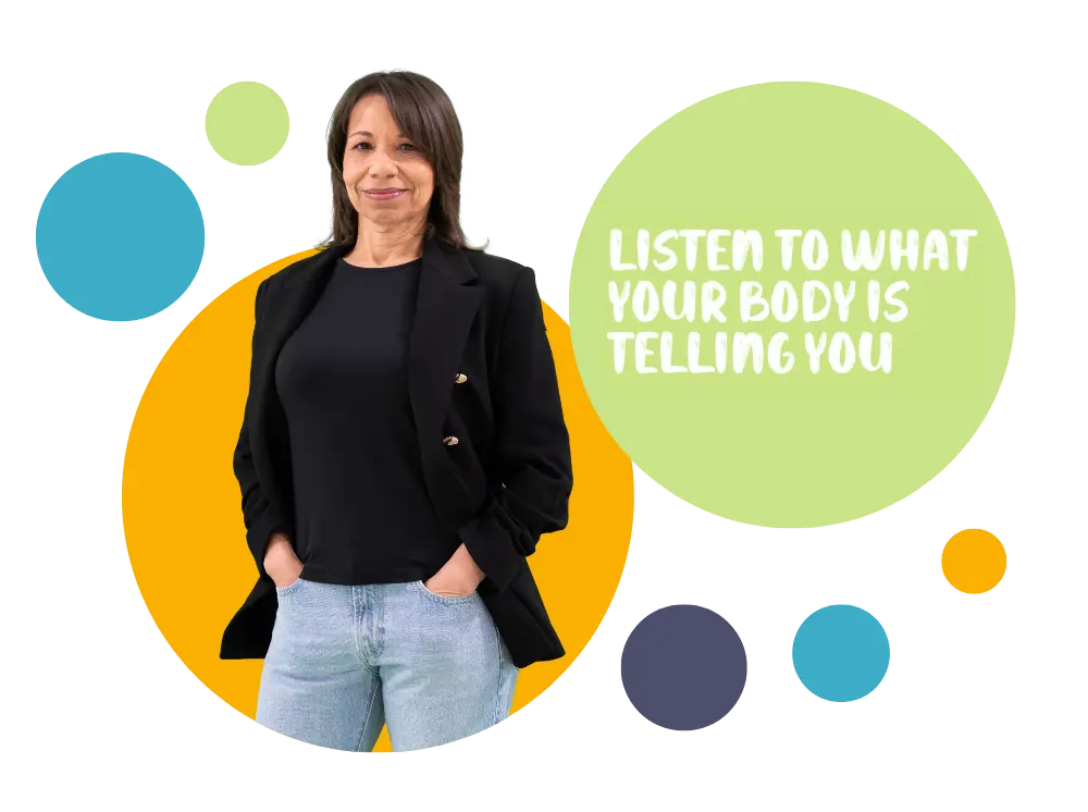 A female supporter posing with imagery that says ‘listen to what your body is telling you’